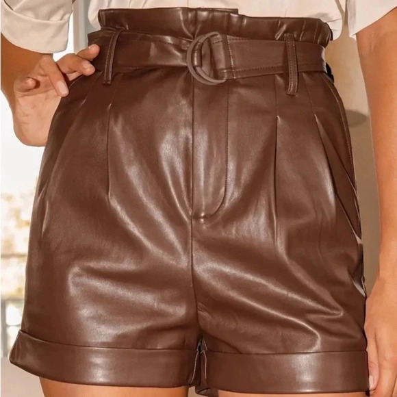 Lulus Pants - Lulu's Brown Vegan Leather Paperbag High
Waist Shorts Size M
